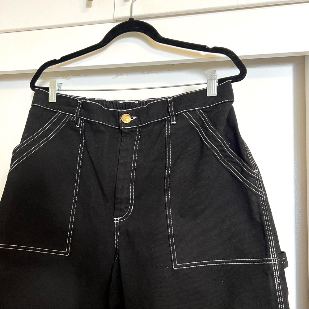 Big Bud Press carpenter pants in petite length. Black with contrast white stitch